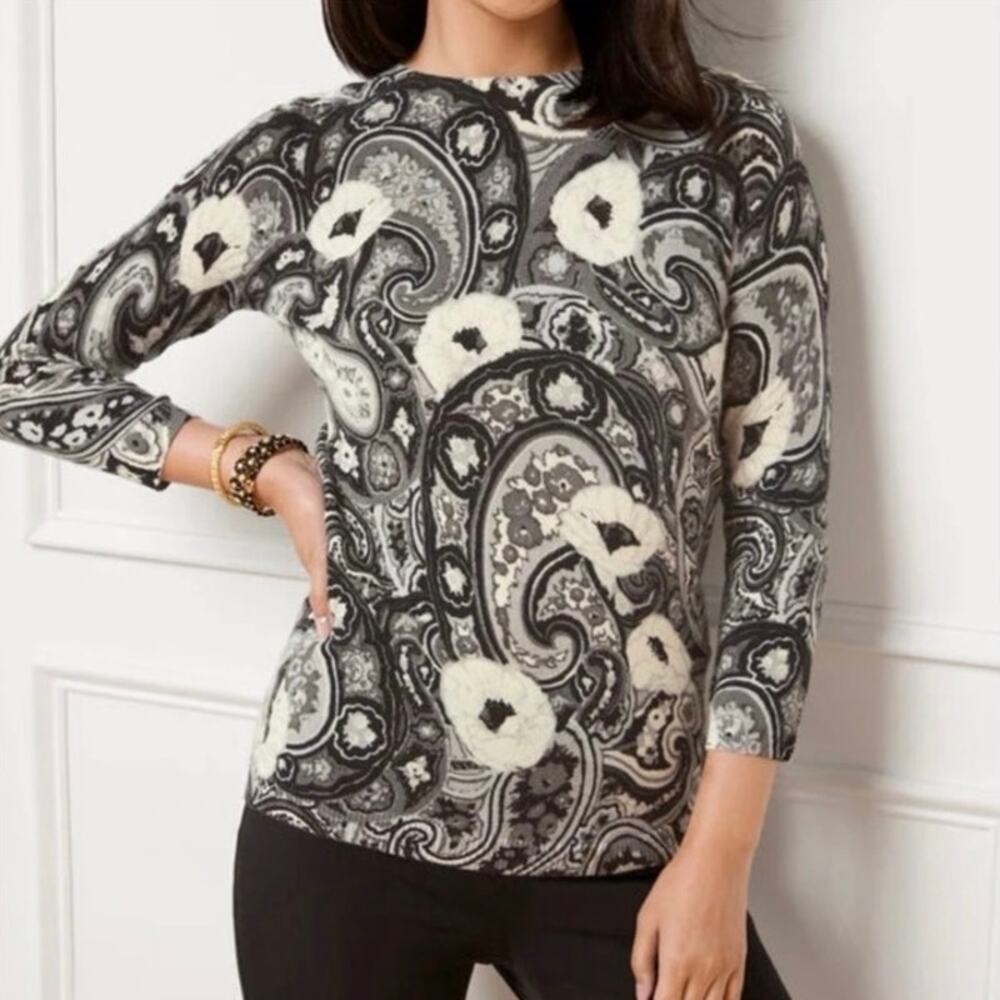 Talbots Pure Cashmere Audrey Paisley Sweater Petite Small Black Gray Floral Knit